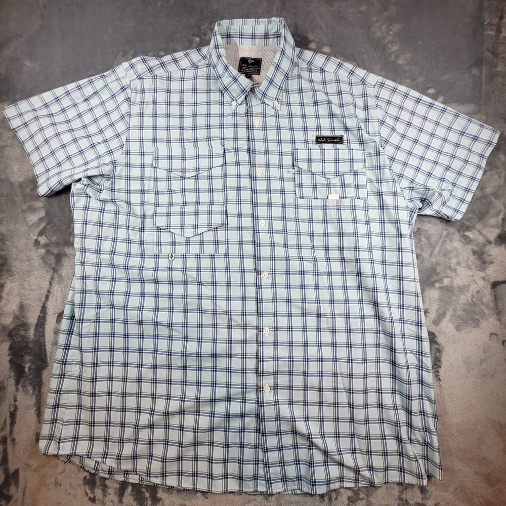 Old South Mens 3XL Plaid Fishing Shirt Short Sleeve Blue‎ Green Performance Vent